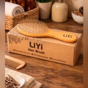 LiYi Bamboo Wooden Hair Brush w/ Air Cushion Massage Anti-Static NEW